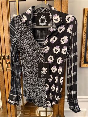 Mixed-Print Black Button-Down Shirt with White & Lavender Floral